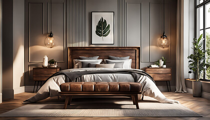modern bedroom with hardwood floors and farmhouse interior design. bedroom with a wooden floor and a bed