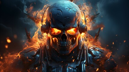 Army head mech soldier with flame explosion - obrazy, fototapety, plakaty