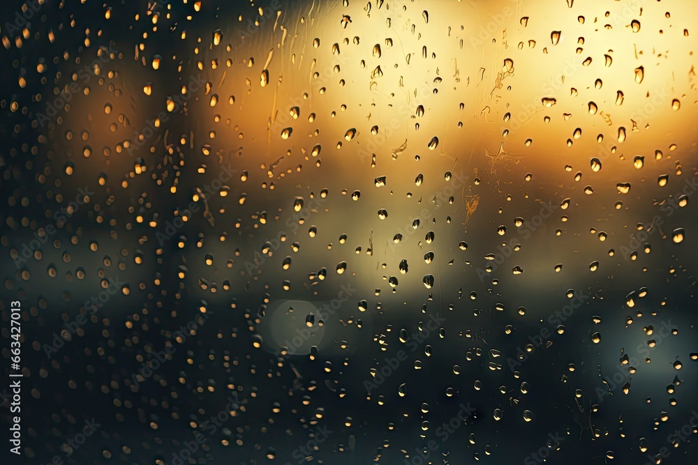 Poster rain drops on a window with a blurry street in the background. generative ai