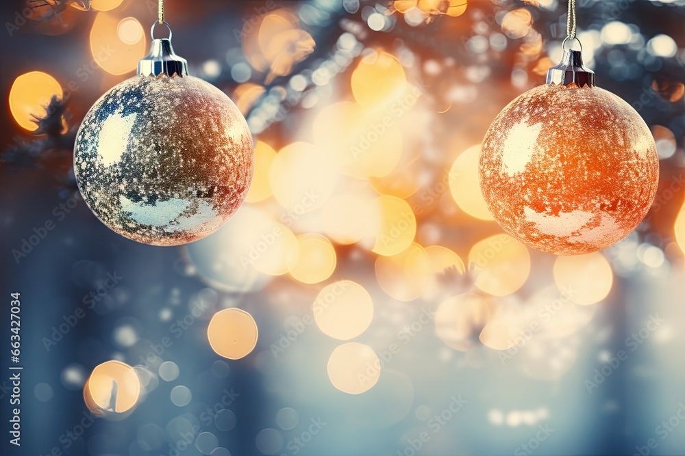 Poster two shiny christmas balls hanging from a string with lights in the background. generative ai
