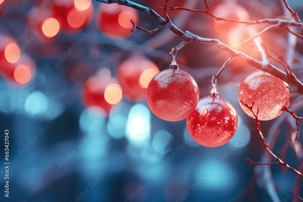Poster three red ornaments hanging from a tree with lights in the background. generative ai