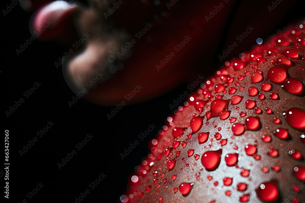 Poster a close up of a red object with water drops on it. generative ai
