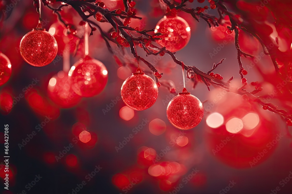Poster a bunch of red ornaments hanging from a tree with lights in the background. generative ai