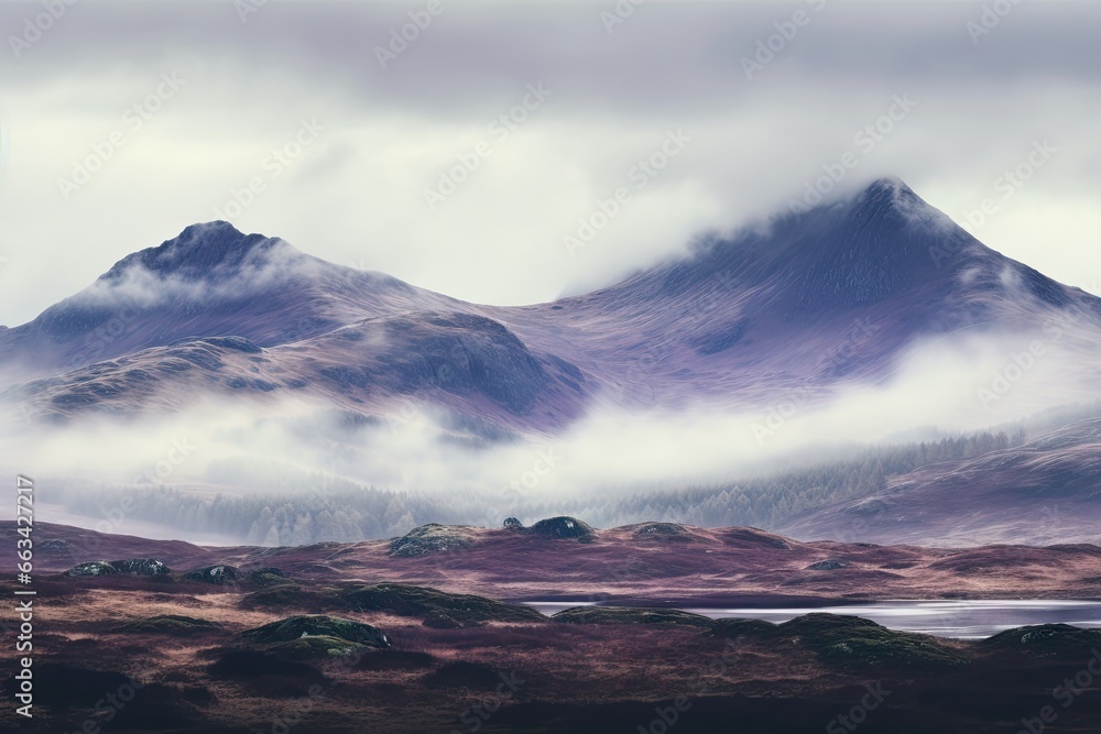 Poster a mountain range covered in fog and clouds in the distance. generative ai