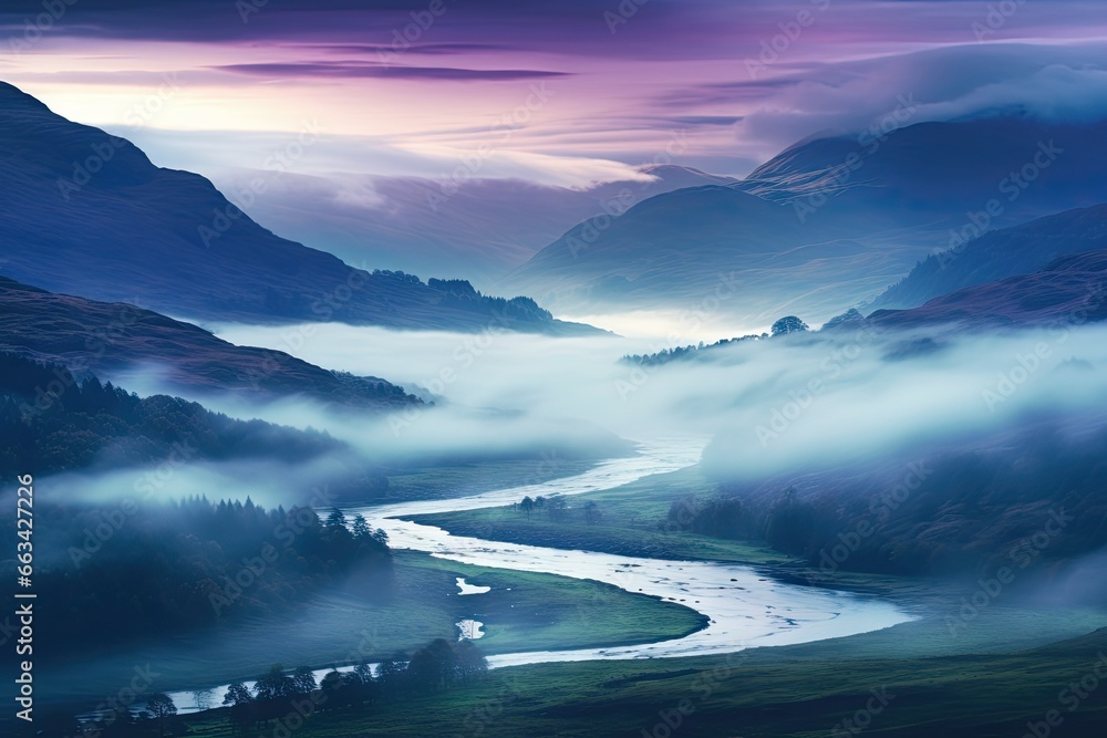 Poster a river running through a valley surrounded by mountains under a cloudy sky. generative ai