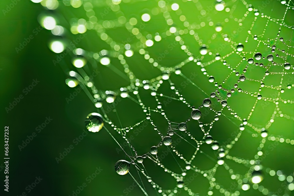 Poster a close up of a spider web with drops of water on it. generative ai