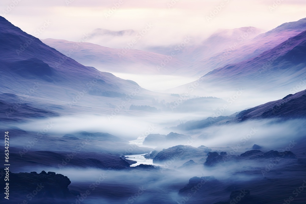 Poster a view of a valley with a river in the middle of it. generative ai