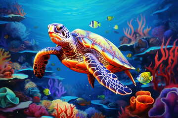 Obraz premium a sea turtle adorned with a shell that exhibits a spectrum of rainbow colors, swim in the ocean,vibrant underwater scene.
