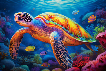 Obraz premium a sea turtle adorned with a shell that exhibits a spectrum of rainbow colors, swim in the ocean,vibrant underwater scene.