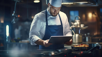 A chef in a smart kitchen using a tablet to control cooking appliances with precision - obrazy, fototapety, plakaty