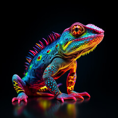 Lizard. Abstract, neon, multi-colored portrait of a Lizard on a dark background. Generative AI