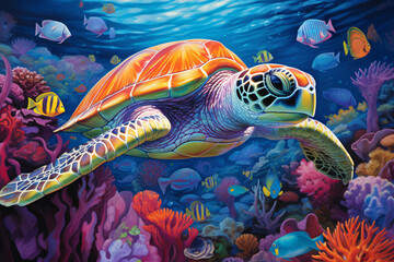 a sea turtle adorned with a shell that exhibits a spectrum of rainbow colors, swim in the ocean,vibrant underwater scene.
