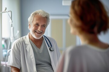 Obraz premium Middle-aged doctor in his office chatting and commenting in a friendly manner with his patient about his condition.