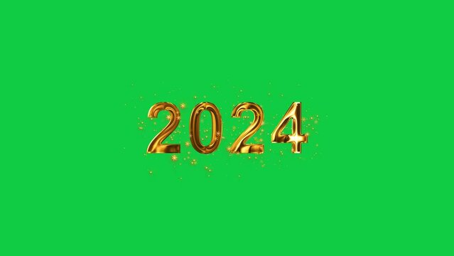 3d new year 2024 golden text with sparkles on green screen, shiny and glowing particles, 4k loop animation