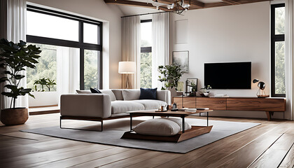 Fototapeta na wymiar modern living room with white walls and wooden floor