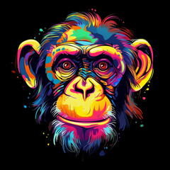 Abstract, neon, multi-colored portrait of a chimpanzee on a dark background. Generative AI