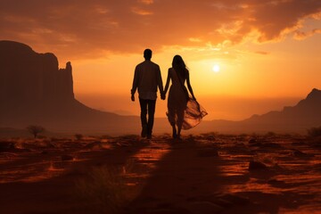 Love concept. A romantic couple is walking in the desert at sunset. Orange sky, Grand Canyon, Colorado.
