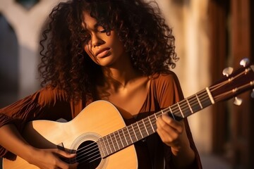 Beautiful black woman singing the acoustic song and playing the guitar - obrazy, fototapety, plakaty