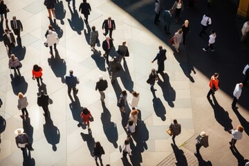 Top view : eagle eye photo from above: business office people during rush hour walking outdoors, commuting city concept in double exposure. selective focus