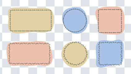 Frames, border and checkered seamless pattern Set. Hand drawn ink paint brush doodle line strokes and fills, colourful palette. Circle, square geometric shapes, trendy background. Vector