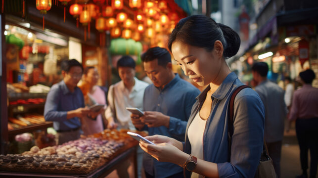 Shoppers in an Asian market using mobile payment apps for quick and secure transactions
