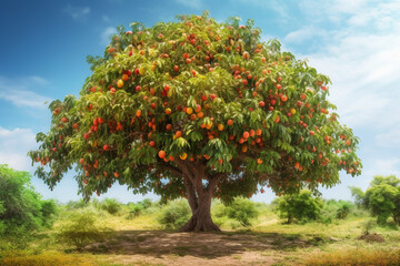 Mango tree with ripe mango fruits on blue sky background. Tropical fruit