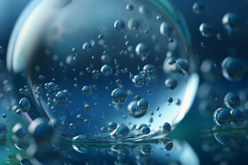 Water drops on blue background. Abstract macro shot with shallow depth of field.