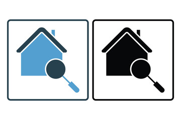 Home Search Icon. house with magnifying glass. Icon related to Real estate. suitable for web site, app, user interfaces, printable etc. Solid icon style. Simple vector design editable
