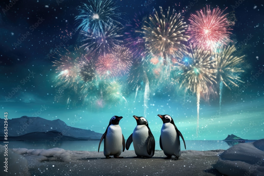 Poster three penguins standing in front of a firework display in the night sky. generative ai