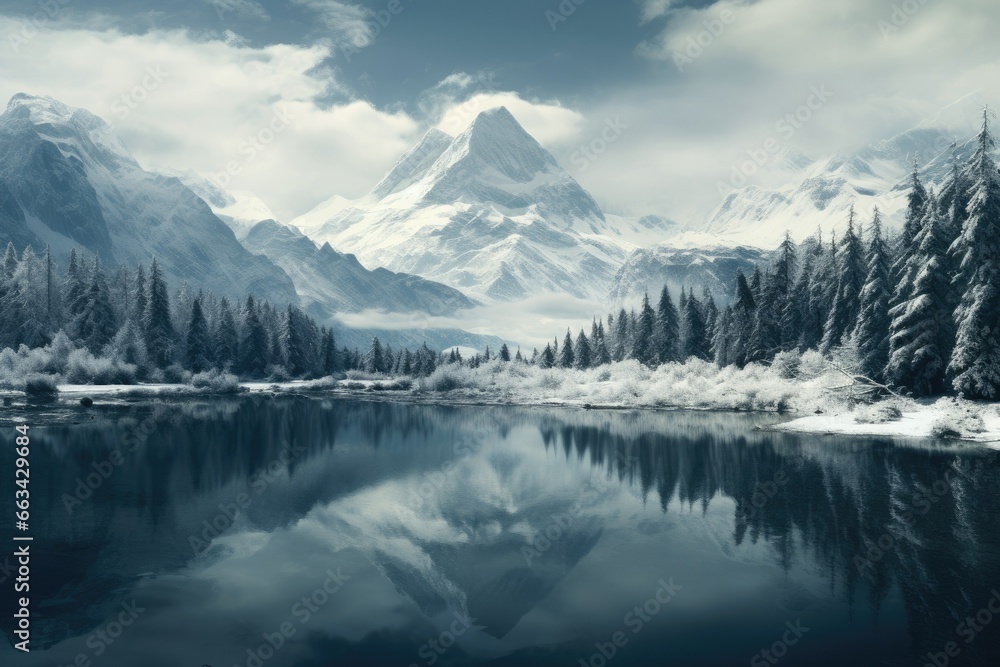 Poster a mountain range with a lake surrounded by snow covered trees. generative ai
