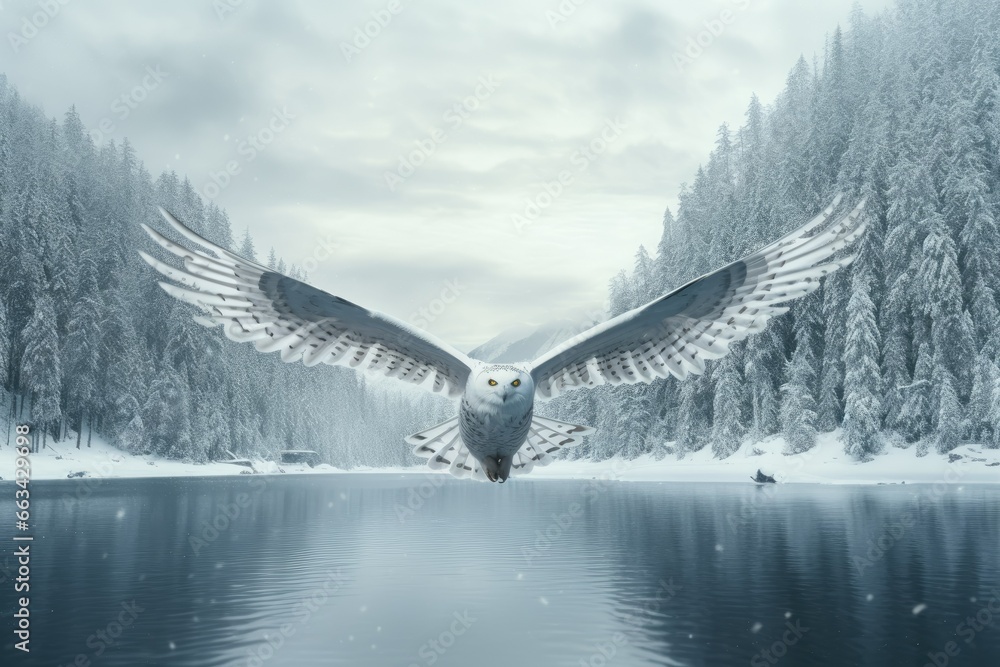 Poster a large bird flying over a lake surrounded by trees and snow. generative ai