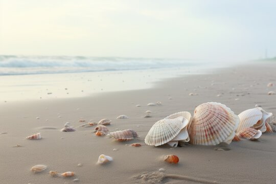  a beach with many seashells scattered across the sand The sky is visible in the background, and the water is lapping against the shore