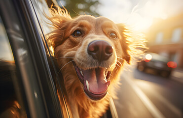 Cachorro na janela do carro curtindo o vento com uma linda iluminação - obrazy, fototapety, plakaty