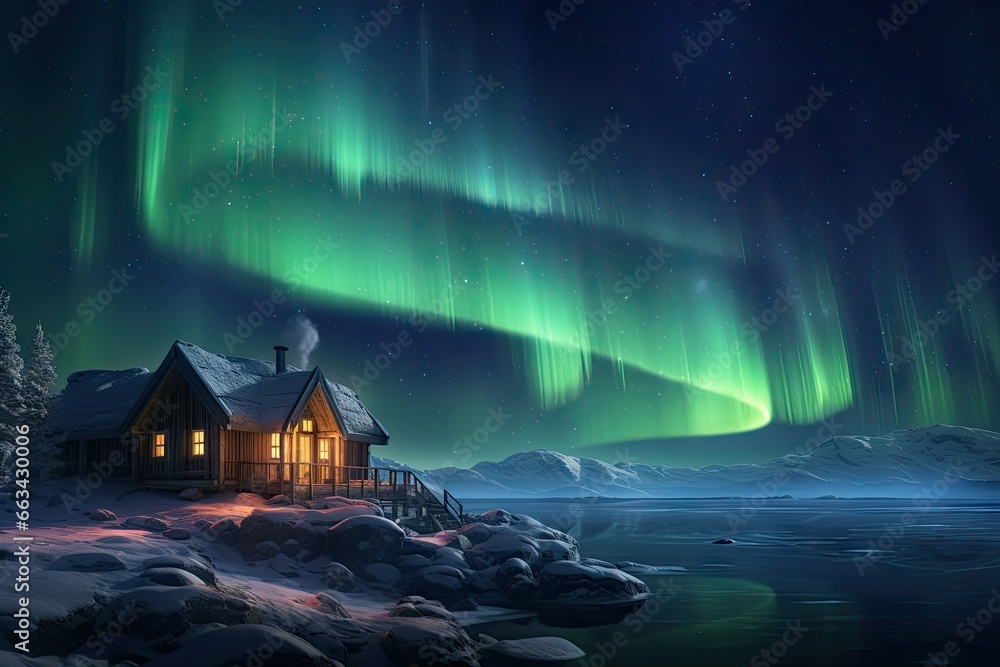 Aufkleber a cabin is lit up with the aurora bore in the background. generative ai