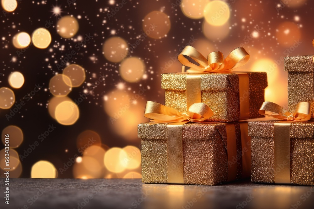 Poster three gold wrapped presents on a table in front of a boke of lights. generative ai