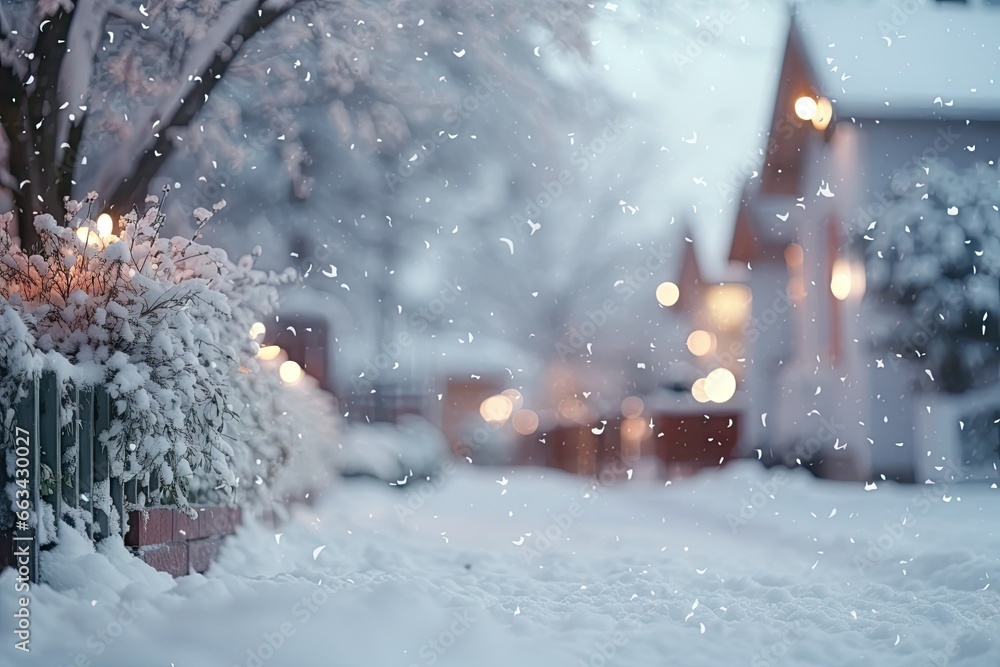 Poster a snow covered street with a tree in the middle of it. generative ai