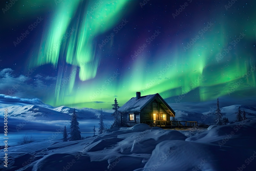 Poster a cabin in the snow with a green aurora bore in the background. generative ai