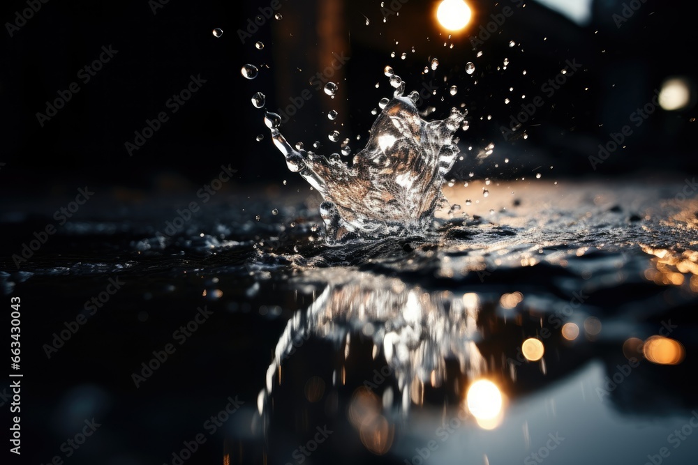 Poster water splashing on the ground with a light in the background. generative ai