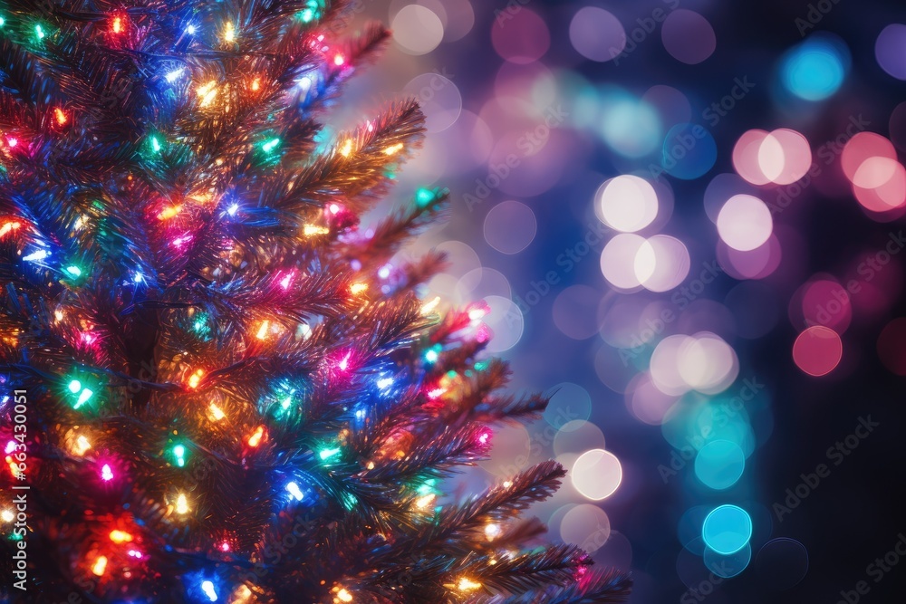 Poster a close up of a christmas tree with lights on it. generative ai