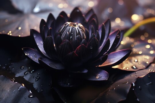 a macro on black lotus flowers on a small water pound under the rain.