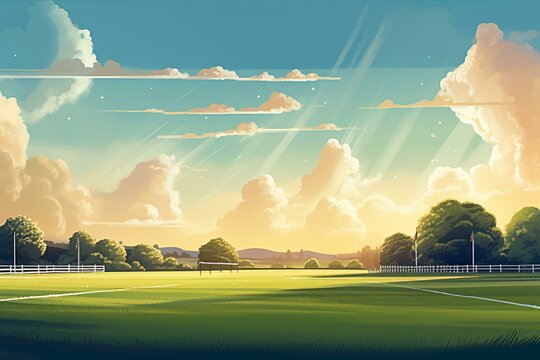 Illustration: cricket ground in the sky with grass, sun, and clouds. Generative AI