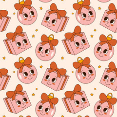 Groovy 70s Christmas seamless pattern with cute bauble and gift. Trendy retro cartoon style. Comic cartoon characters and elements.