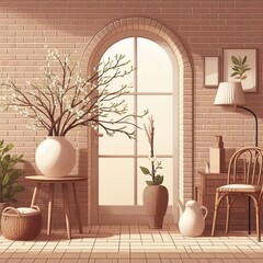  interior background of living room with a window,  door ,lamp and flowers