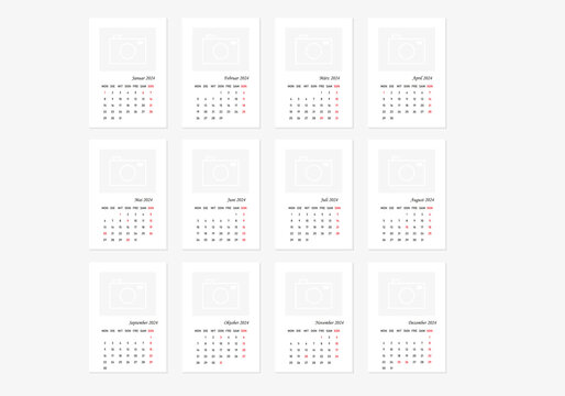 2024 calendar minimalist on german language with german holidays. Week start on monday. Calendar with place for photo.