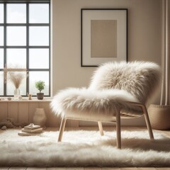 Fluffy fur sheepskin chair on shaggy rug near window. Minimalist home interior design of modern living room.