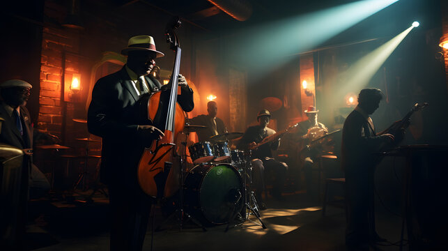 A jazz band performing in a dimly lit New Orleans club smoky atmosphere.
