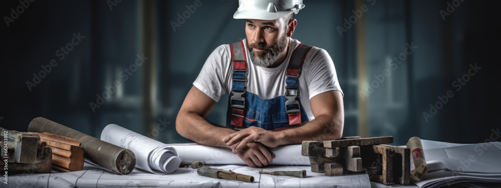 Poster portrait of an engineer in a helmet with blueprints for construction