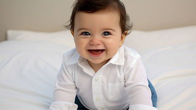 baby on a bed of white sheets, smiling at the camera, mouth half-open