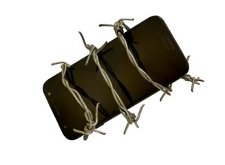 cell phone wrapped in barbed wire on transparent background