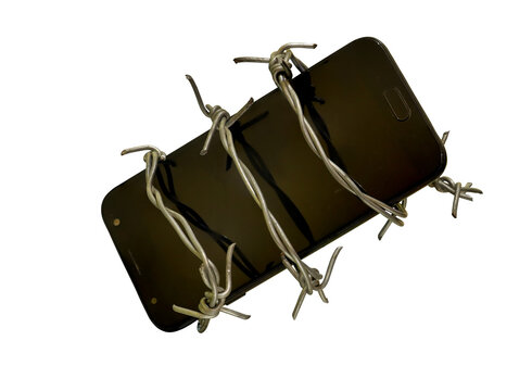 cell phone wrapped in barbed wire on transparent background